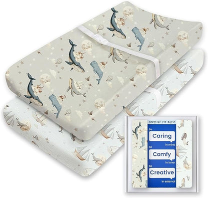 Changing Pad Cover for Girls Boys, TotBasic Premium Soft Boho Changing Table Covers, Stretchy Jersey Changing Table Sheets - Fits All Standard Changing Tables - 2 Pack (Whale Dreams)