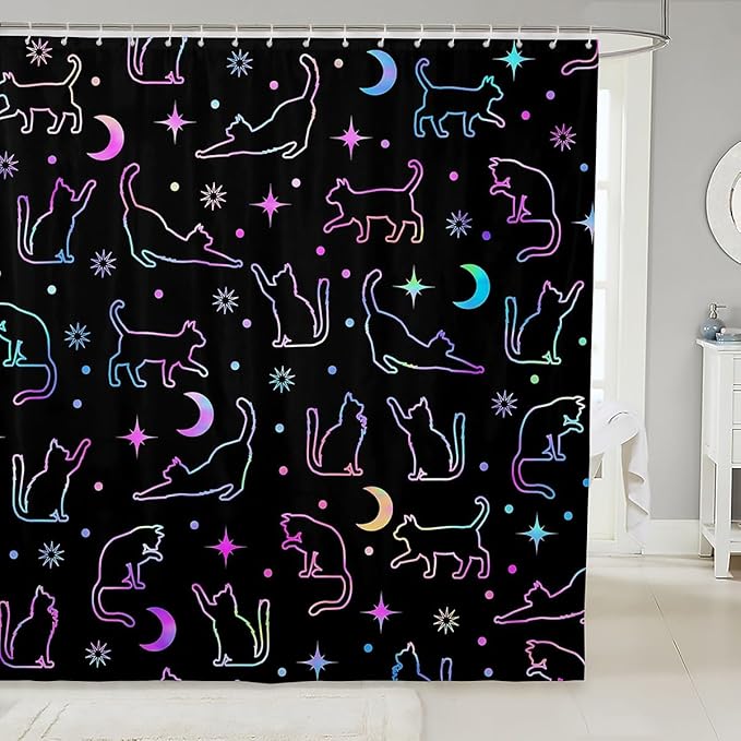 Manfei Cute Cats Silhouettes Kids Shower Curtains,Sun Moon Starry Sky Boho Bathroom Curtains for Girls Boys,Cartoon Animals Pets Neon Purple Romantic Waterproof Curtains,12 Hooks Suits,72" W x 78" L