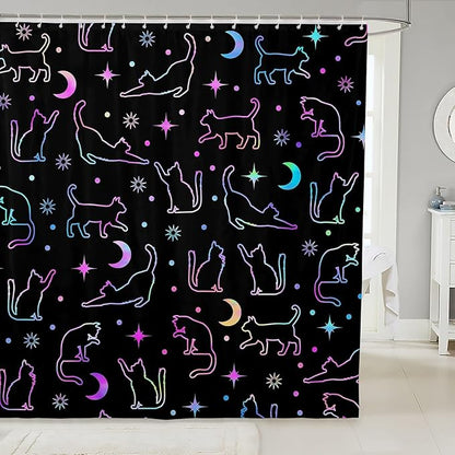 Manfei Cute Cats Silhouettes Kids Shower Curtains,Sun Moon Starry Sky Boho Bathroom Curtains for Girls Boys,Cartoon Animals Pets Neon Purple Romantic Waterproof Curtains,12 Hooks Suits,72" W x 78" L