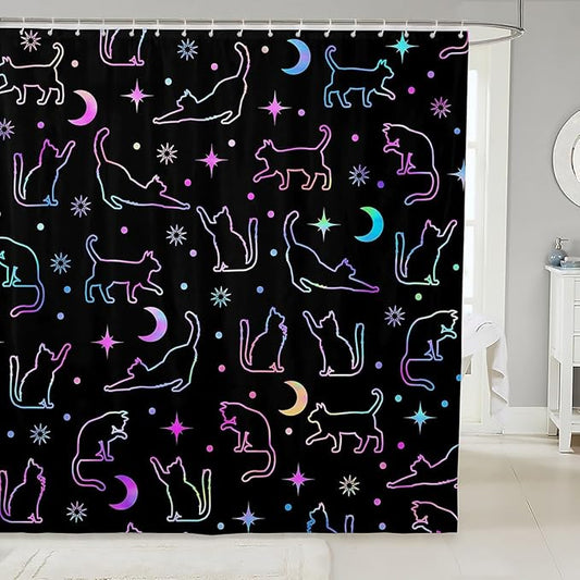 Manfei Cute Cats Silhouettes Kids Shower Curtains,Sun Moon Starry Sky Boho Bathroom Curtains for Girls Boys,Cartoon Animals Pets Neon Purple Romantic Waterproof Curtains,12 Hooks Suits,72" W x 78" L