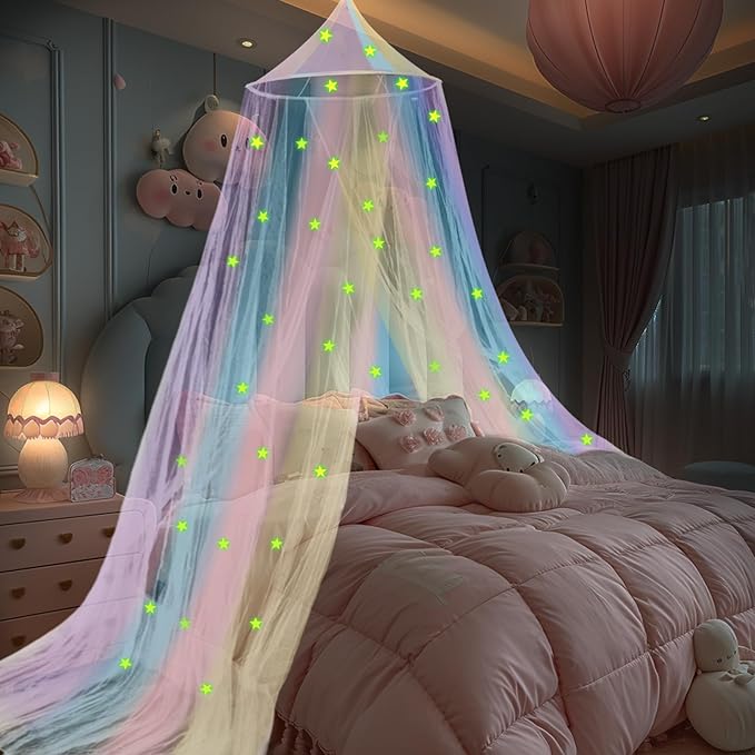 Daksha Rainbow Princess Bed Canopy for Girls with Glowing Stars, Room Decor, Bed Curtains, Ceiling Tent, Fits Twin, Full and Queen Size Beds