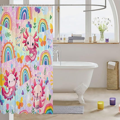 Feelyou Cute Axolotl Bathroom Waterproof Accessories with 12 Hooks Cartoon Salamander Shower Curtain for Kids Boys Girls Rainbow and Butterflies Fabric Shower Curtain Ombre Curtains,72X78 Inches