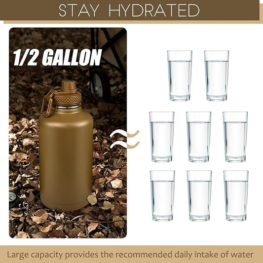 Half Gallon Water Bottle with Sleeve - 64 Oz Insulated Water Jug with Handle - Green Stainless Steel Sports Water Bottle for Gym Workout Hiking Tactical Bottle Holder with Pouch Khaki