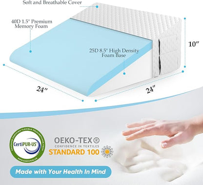 Forias Wedge Pillow for Sleeping,10" Bed Wedge Pillow for After Surgery,Acid Reflux,Snoring,Memory Foam Top Triangle Pillow Wedge with Breathable Removable Cover