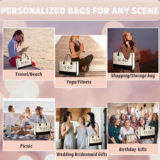 40th Birthday Gift Canvas Tote Bag for Women,N°40 EST.1984 Keepsake Beach Bag 40 Party Birthday Present for Her