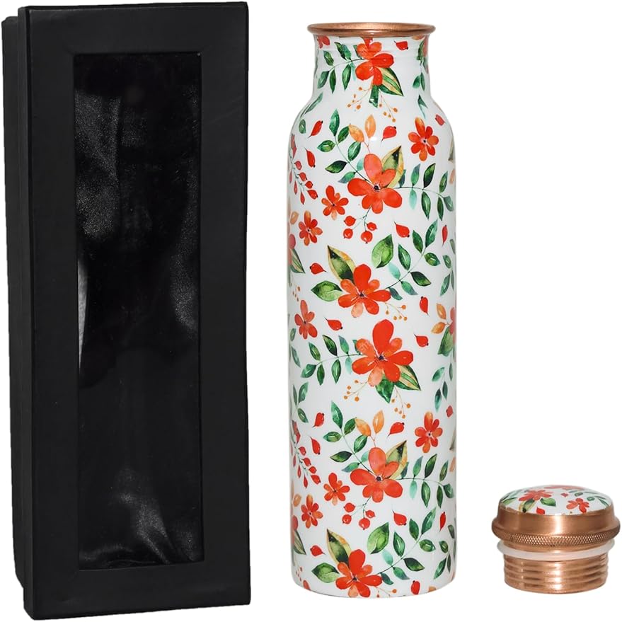 Copper Ayurveda Copper Water Bottle for Drinking – Travel Water Bottle for Gym, Yoga, Office, Hiking, Outdoor – with Lid (White floral)