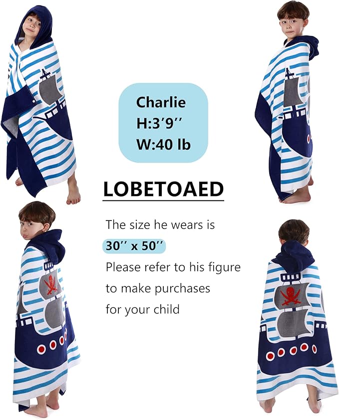 Kids Hooded Beach Bath Towel, Baby Surf Poncho Toddlers Soft Real Cotton Wrap Hooded Towels for Kids Boy Girl