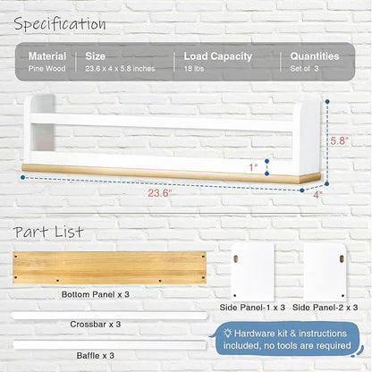 Nursery Wall Bookshelf for Kids Room Set of 3, 24 Inch Floating Book Shelves for Baby Boys Girls Bedroom, Large Wood Mounted Hanging Bookshelves for Toddlers Childs (White and Natural)
