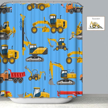 Construction Vehicles Shower Curtain for Kids Yellow Truck Excavator Tractor Cars Blue Boys Bathroom Curtain Waterproof Polyester Fabric Bath Curtain 72 x 72 Inch with 12 Plastic Hooks