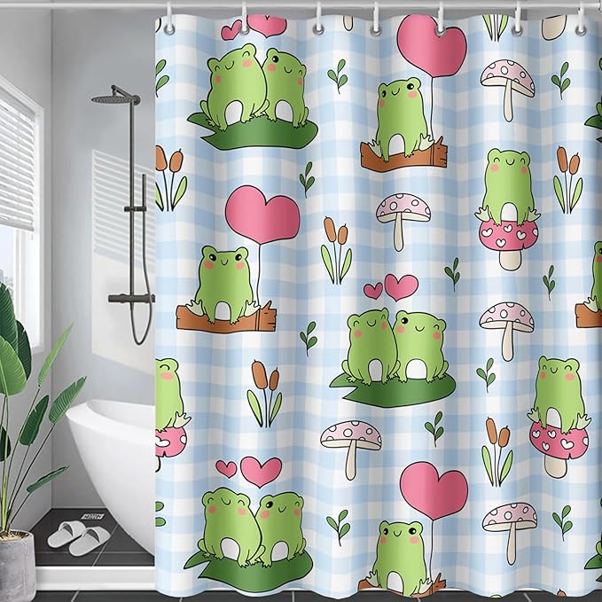 AILONEN Kawaii Frog Shower Curtain,Cute Cartoon Mushroom Frog Bath Curtain,Romantic Frog Couple Hearts Printed Waterproof Blue Stripe Curtain, 72" W x 72" H