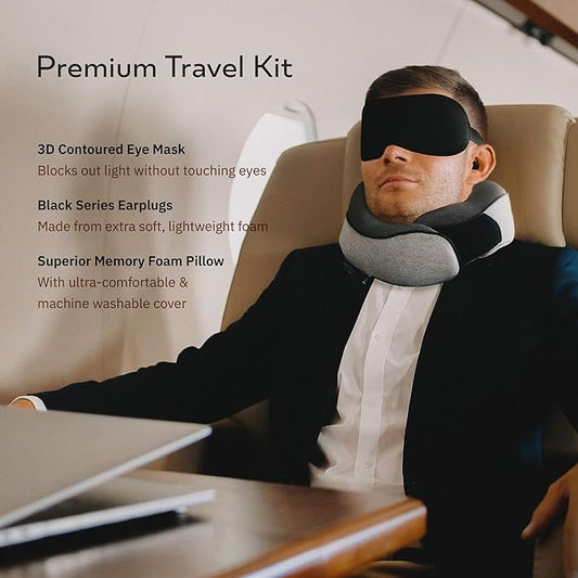 Travel Neck Pillows for Airplanes, Sleeping Essentials for Long Flight, 360° Head Support, Car and Airplane Kit with 3D Contoured Eye Mask, Earplugs and Luxury Mesh Bag (Adult, Grey)