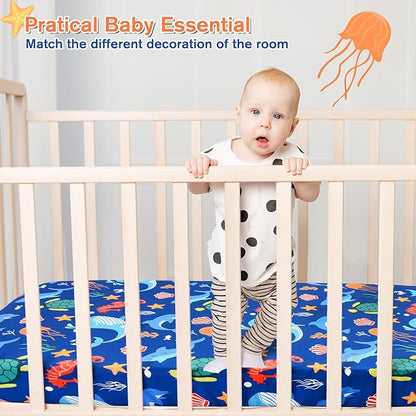 JISEN Baby Crib Sheets Soft Breathable Fitted Crib Sheets Baby Sheet for Standard Crib and Toddler Mattress Baby Bed Sheets for Crib for Baby Boys Girls Neutral 52x28 Inch Whales