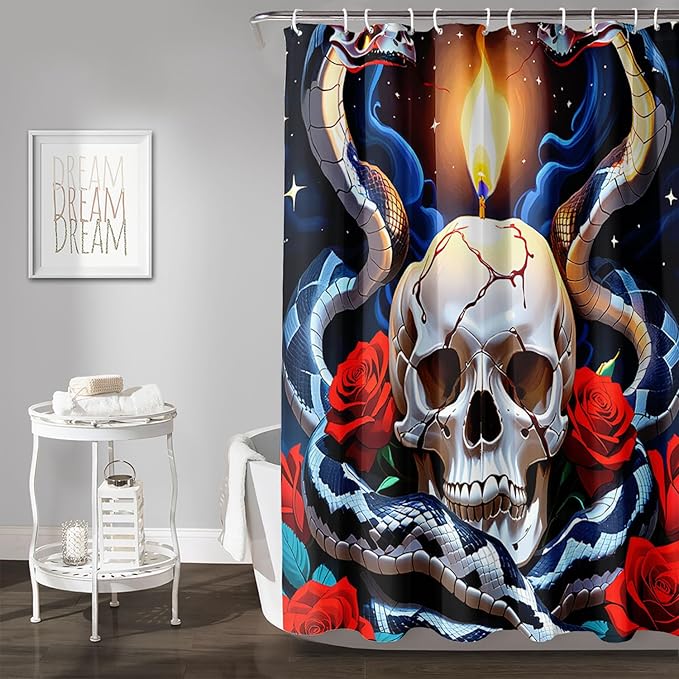 AILONEN Skull Shower Curtain for Bathroom,Red Rose Terror Snake Skull Bath Curtain,Goth Skull Skeleton Print Waterproof Curtain with 12 Plastic Hooks, 72" W*96" H