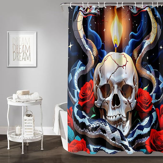 AILONEN Skull Shower Curtain for Bathroom,Red Rose Terror Snake Skull Bath Curtain,Goth Skull Skeleton Print Waterproof Curtain with 12 Plastic Hooks, 72" W*96" H