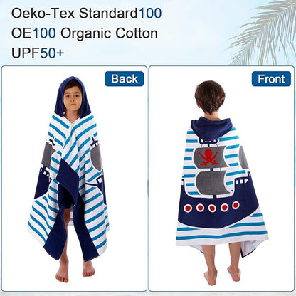 Wowelife Toddler Bath Towel, Blue Hooded Beach Towel, 100% Cotton, Quick Dry, Absorbent, Machine Washable, Adjustable, Pirate Ship Theme