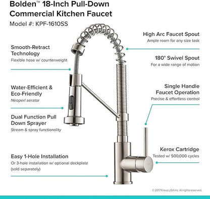 Kraus KPF-1610SS Bolden 18-Inch Commercial Kitchen Faucet with Dual Function Pull-Down Sprayhead in All-Brite Finish, Stainless Steel