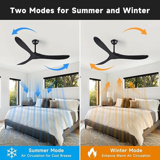 Bigzone 60" Black Ceiling Fan No Light, Energy Efficient DC Motor, 3 Brown Balsa Wood Blades, Wood Ceiling Fan with Remote Control, Reversible Blades