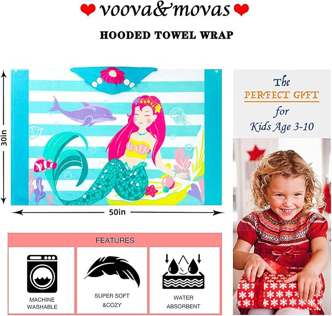 VOOVA & MOVAS Toddler Bath Towels Age 3-10,100% Cotton | Soft | Thick, Hooded Towel for Kids Girls, Perfect for Beach, Pool, Bath,Swim, Stripe Mermaid