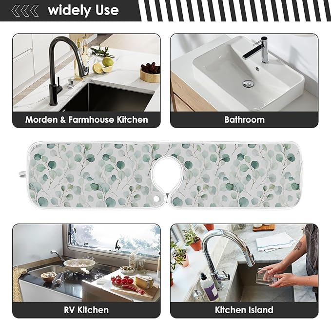 Kitchen Faucet Absorbent Mat,Flower Green Leaves Water Splash Guard for Sink, Faucet Drip Catcher Thicken Sponge Microfiber Faucet Water Catcher Mat Sink Absorbent Mat for Kitchen 14x5in 2 Pack