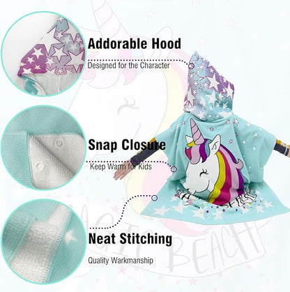 Hooded Kids Beach Towels - Toddler Bath Towel Girls Boys Swim Cover-ups for Ages 4 to 10 Kids Pool Towels Quick Dry Lightweight Soft Microfiber Poncho 30x30 with Bag (Aqua Unicorn)