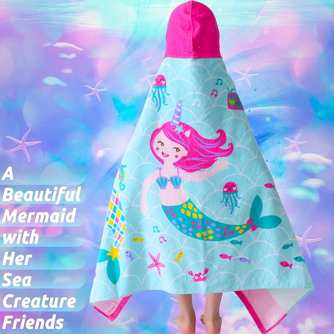 VOOVA & MOVAS Kids Towels Age 3-10, Soft | Thick | Large | 100% Cotton,Absorbent Beach, Bath, Pool Towels Wrap for Girls, Sea Mermaid