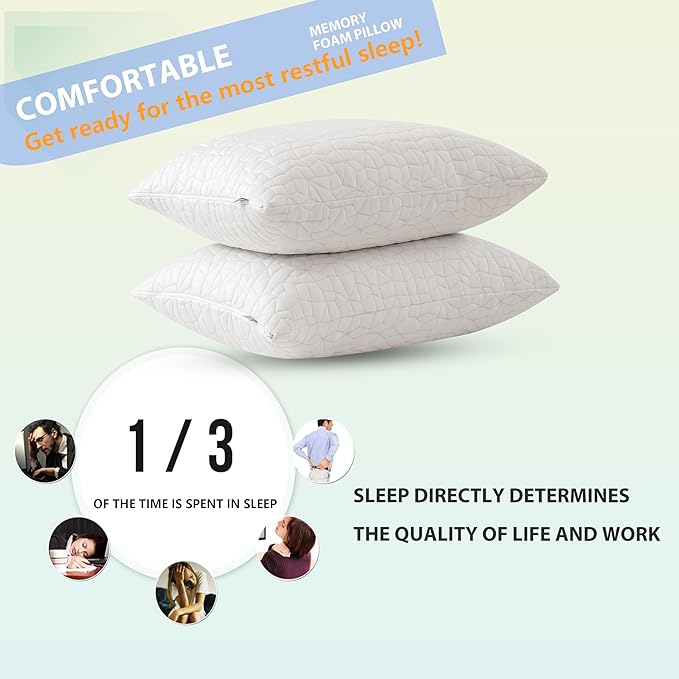 Shredded Memory Foam Pillows, Standard (2-Packs), Adjustable Bed Pillows for Side Back Stomach Sleepers,Comfy Cooling Pillows for Sleeping with Washable Cover