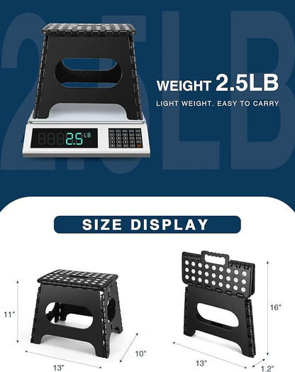 Folding Step Stool 11", Durable Kids Step Stool, Heavy Duty Step Stools for Adults, Compact Foot Stools, Light-Weight Toddler Step Stool for Kitchen, Bathroom, Holds Up to 300 lbs (Black)