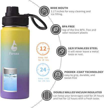 Farsea Insulated Water Bottle With Paracord Handle, Protective Boot and 2 Lids (Straw Lid & Spout Lid), Stainless Steel Water Bottle Wide Mouth, Double Wall Sweat-Proof BPA-Free, 18 oz