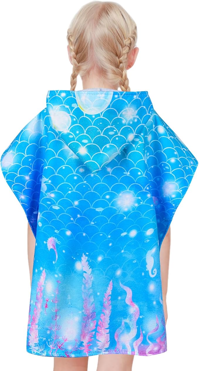 Kids Beach Towels for Girls, Unicorn Hooded Beach Pool Towels for Kids, Ultra Soft & Super Absorbent Kids Toddler Poncho Towels for 3-8 Years, 24"x24" (Blue Mermaid)