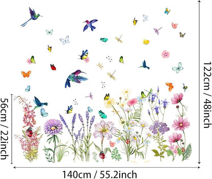Garden Flower Wall Decals Window Clings, Narcissus Iris Florals Window Decals Peel and Stick, Green Leaves Wall Vinyl Decal, Butterfly Bouquet Wall Art Decor for Girls Bedroom Window Doors