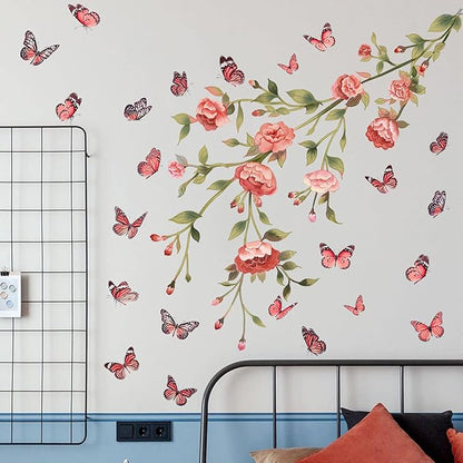Pink Flowers Wall Decals Removable Butterflies Floral Flowerl Wall Stickers DIY Vinyl Self Adhesive Wall Mural for Nursery TV Background Kids Gilrs Rooms Bedroom Decoration