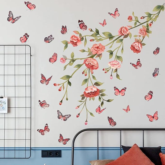 Pink Flowers Wall Decals Removable Butterflies Floral Flowerl Wall Stickers DIY Vinyl Self Adhesive Wall Mural for Nursery TV Background Kids Gilrs Rooms Bedroom Decoration