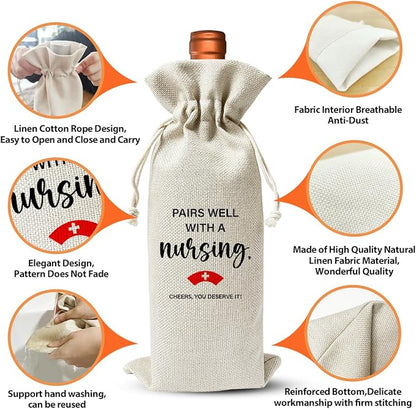Nursing School Graduation Gift Wine Bag, Med School Graduation Gift For Women, Graduation Party Decor, Nurse Day Nurse Week Gift, Nurse Appreciation Gift, Cotton Linen Wine Gift Bag With Drawstring