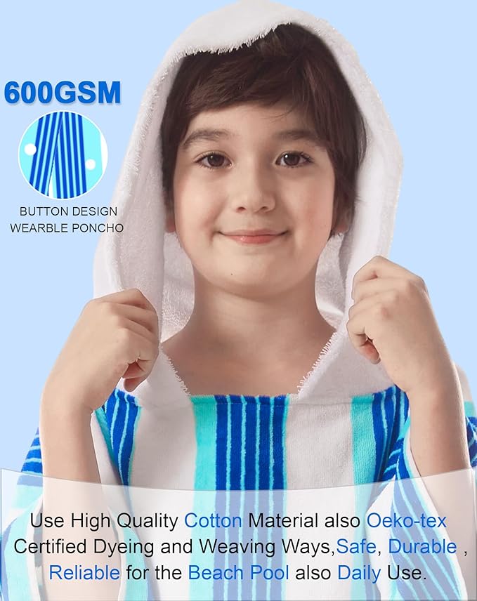 VOOVA & MOVAS Poncho Towels with Hood - Teens Hooded Pool Towel Robe (8-16Years), Large and Absorbent Cotton - Versatile for Beach, Pool, Swim, and Bath, Blue&White Stripe