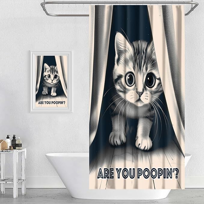 Funny Cat Shower Curtain Cute Animal Shower Curtains for Bathroom Decor are You Poopin' Humorous Joke Waterproof Polyester Fabric Bathroom Curtain with Hooks 66x72 Inch