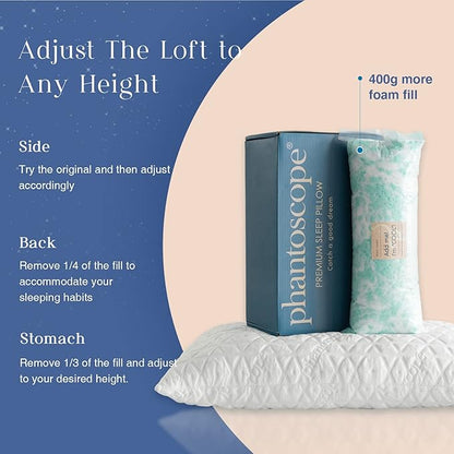 Phantoscope Memory Foam Pillow for Sleeping, Shredded Memory Foam Pillow Cooling Gel for Hot Sleepers, Adjustable Firm Bed Pillows with Bamboo Cover & Cotton Cover, Queen Size, 1 Pack, Gift Package