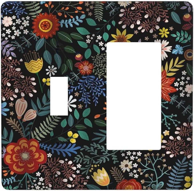 Vintage Colorful Flower Boho Floral Rustic Dark Leaves 2 Gang Single Toggle Rocker Combination Light Switch Covers Wall Plate Cover Electrical Faceplate Decorative Switchplate for Farmhouse Bedroom