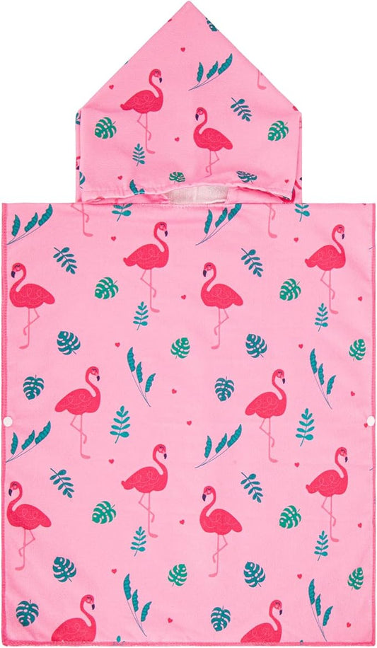 MissShorthair Kids Toddler Poncho Towels, Hooded Beach Towel for Girl&Boy, Surf Poncho Swim Changing Robe Microfiber Bath Towel for 4-6 Years Flamingo