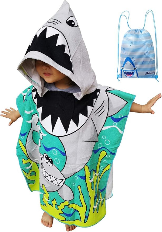 Wearable Towel for Kids Toddlers Bath Pool Beach Swim Poncho Cover-ups Swimwear for Little Boys Girls, Shark Theme with Bag