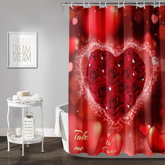 AILONEN Red Rose Hearts Printed Shower Curtain,Romantic Rose Lover Couple Bath Curtain,Fantasy Love Hearts Red Curtain for Bathroom Decor 72" W x 78" H,Waterproof