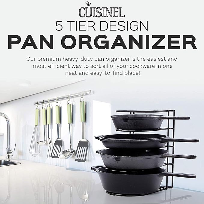 Cuisinel Heavy Duty Pan Organizer - 12.2" - 5 Tier Rack - Holds 50 LB - Cast Iron Skillets, Griddles and Shallow Pots - Durable Steel Construction - Space Saving Kitchen Storage - No Assembly Required