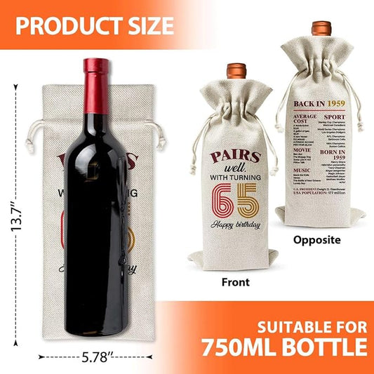 65th Birthday Wine Gift Bag For Mom Dad Women Men Her Him Grandfather Grandmother, 1959 Birthday Gift, 65th Birthday Party Decoration Favors, 65th Anniversary Wine Bag, Linen Wine Bag Gift
