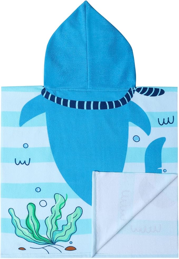 Kids Beach Towels with Hood Toddlers Hooded Towel Poncho Swim Cover-ups with Drawstring Bag (Blue Shark (24x24 inches))