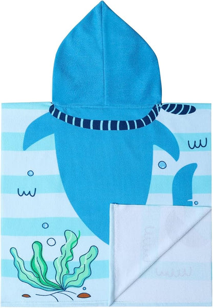 Kids Beach Towels with Hood Toddlers Hooded Towel Poncho Swim Cover-ups with Drawstring Bag (Blue Shark (24x24 inches))