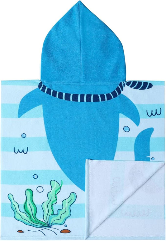 Kids Beach Towels with Hood Toddlers Hooded Towel Poncho Swim Cover-ups with Drawstring Bag (Blue Shark (24x24 inches))