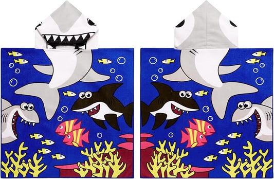 Kids Shark Hooded Beach Towel Boys Cute Poncho Pool Beach Towels with Hood 24*47 in Soft Microfiber Swim Cover-ups for Kids Ages 3-10 Thick Absorbent Cotton Hooded Bath Towel Wrap Bathrobe