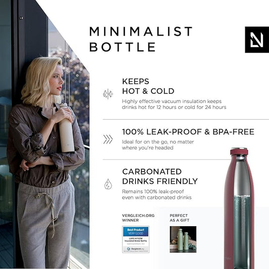 LARS NYSØM Stainless Steel Insulated Water Bottle 12oz 17oz 25oz 34oz 51oz | BPA-free Insulated Thermo Flask for Hot and Cold Beverages | Leakproof Drinking Bottle (Berry, 34oz)