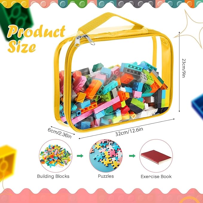 Sanwuta 3 Packs Toy Storage Bags with Zipper, Clear PVC Organizing Bags, Waterproof Toy Bags for Board Games, Building Blocks, Toys and Kids Books (Red, Yellow, Orange,12.6 x 9 x 2.36 Inch)