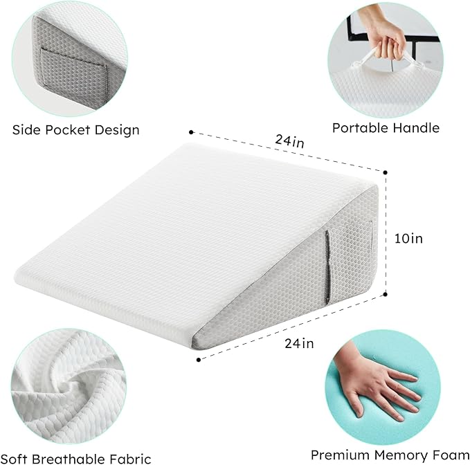 Wedge Pillow for Sleeping, 10 inch Bed Wedge Pillow, Elevated Body Pillow for Back Support, Acid Reflux, Leg, Neck Pain, Snoring, Triangle Pillow Wedge - Cooling Memory Foam Top, White/Grey