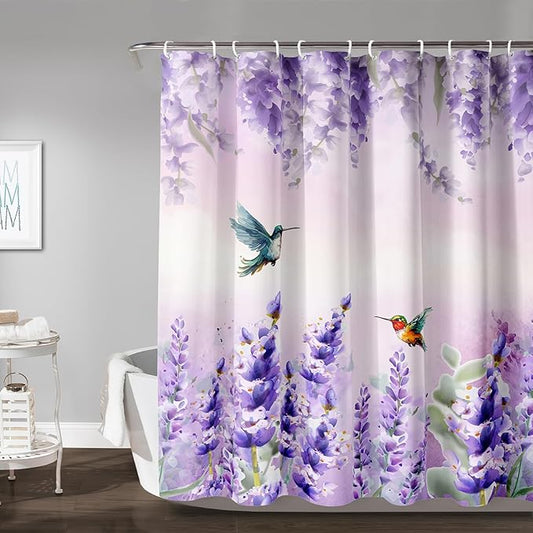 AILONEN Waterproof Floral Shower Curtain for Bathroom,Purple Wisteria Lavender Flowers Shower Curtain,Botanical Floral Decor Bathroom Polyester with Grommets and Hooks 60" W*72" H